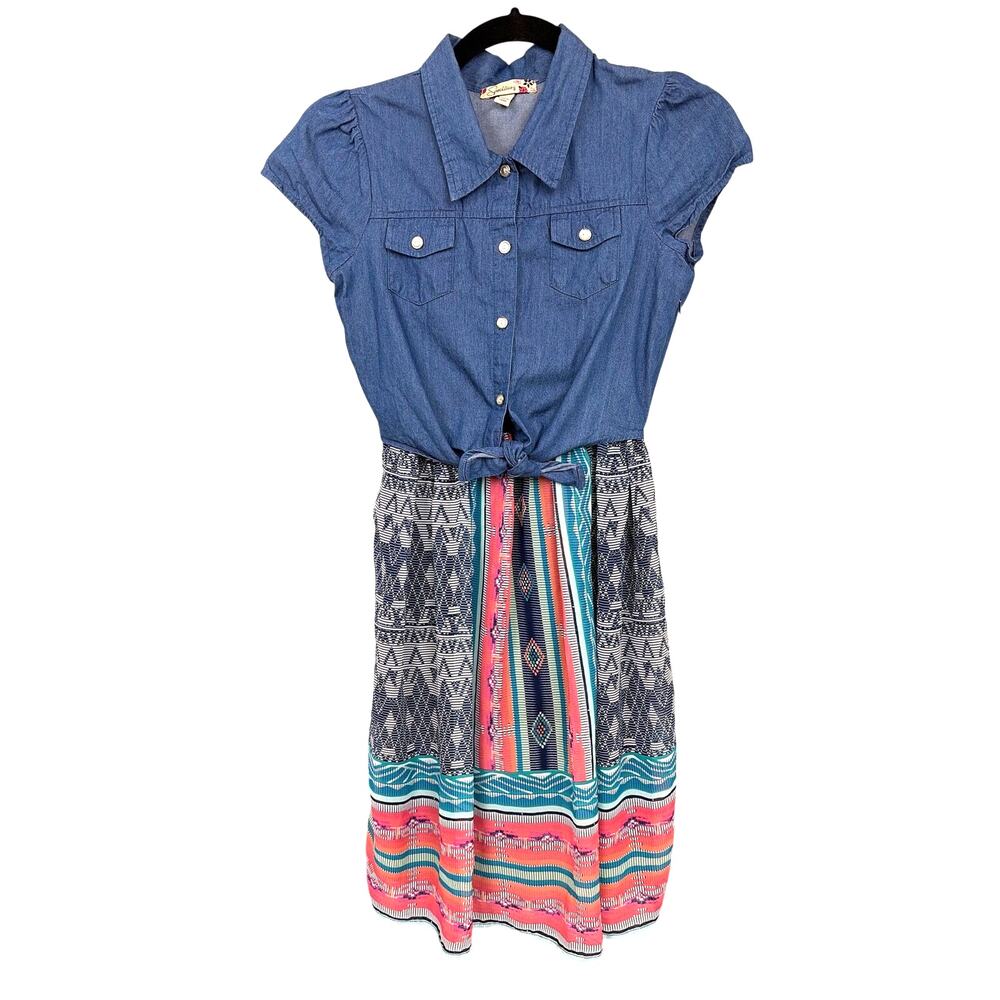 Speechless Western Boho Mixed-media Chambray Aztec Elastic Waist Sheer Dress 16